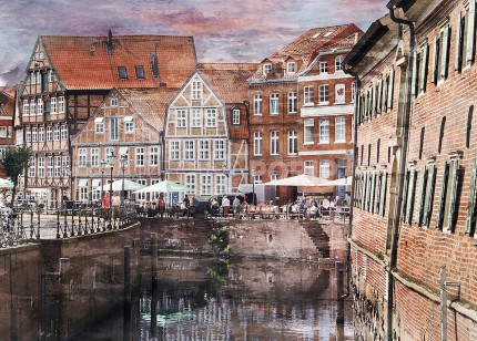 Stade – Fischmarkt mit Schwedenspeicher 2 – 50 x 35 cm – Canvas Leinwand auf Keilrahmen gespannt